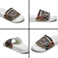 Aotearoa Ngai Tuhoe Slide Sandals Maori Tribal Red And Green Paua Shell Pattern DT05 - Polynesian Pride