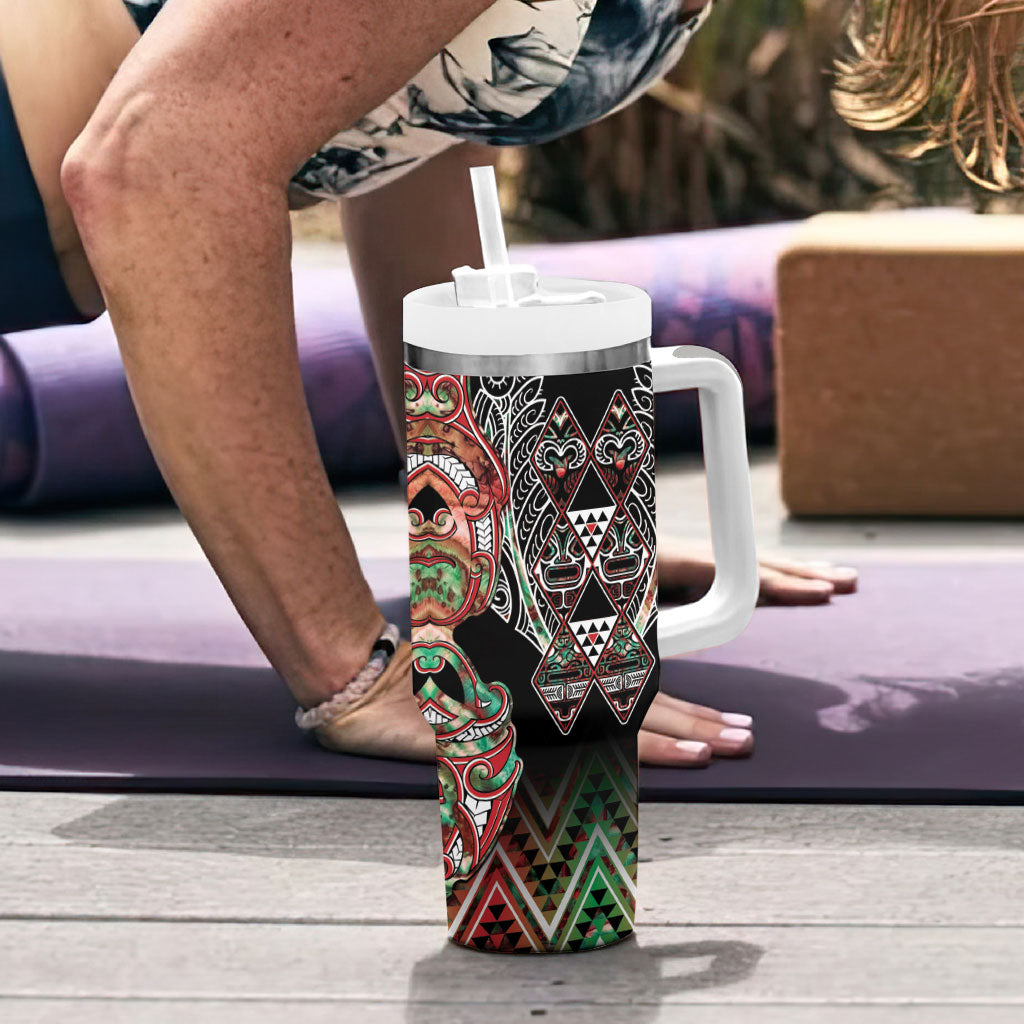 Aotearoa Ngai Tuhoe Tumbler With Handle Maori Tribal Red And Green Paua Shell Pattern DT05 - Polynesian Pride