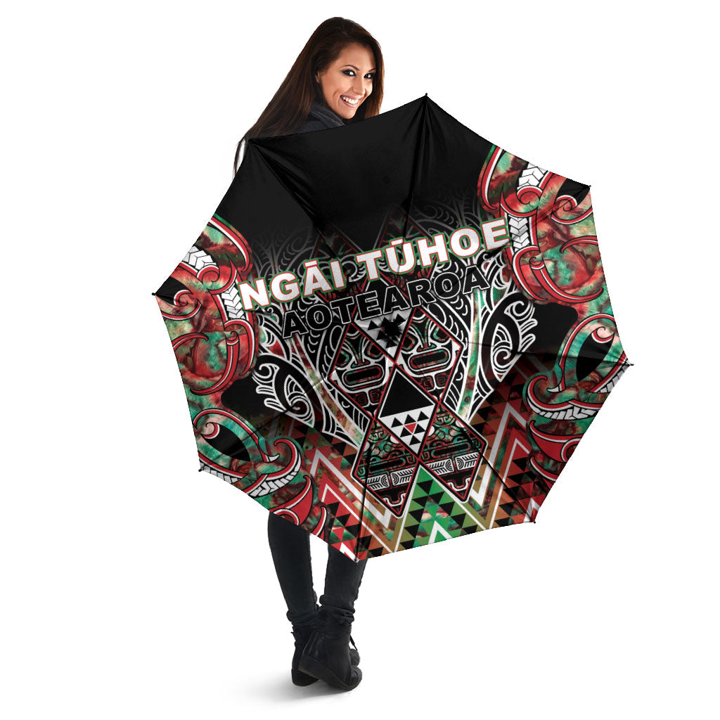 Aotearoa Ngai Tuhoe Umbrella Maori Tribal Red And Green Paua Shell Pattern DT05 - Polynesian Pride