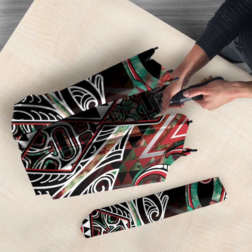 Aotearoa Ngai Tuhoe Umbrella Maori Tribal Red And Green Paua Shell Pattern DT05 - Polynesian Pride