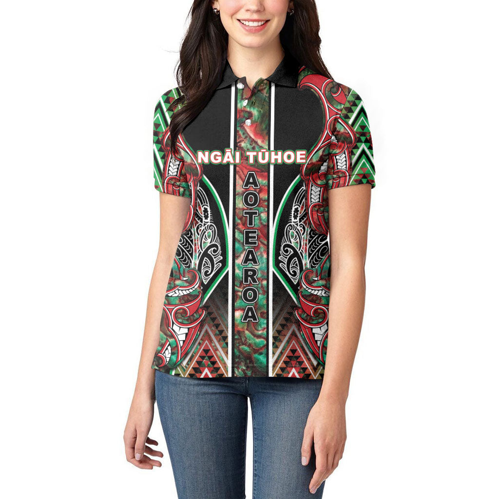 Aotearoa Ngai Tuhoe Women Polo Shirt Maori Tribal Red And Green Paua Shell Pattern DT05 - Polynesian Pride