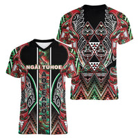 Aotearoa Ngai Tuhoe Women V-Neck T-Shirt Maori Tribal Red And Green Paua Shell Pattern DT05 - Polynesian Pride