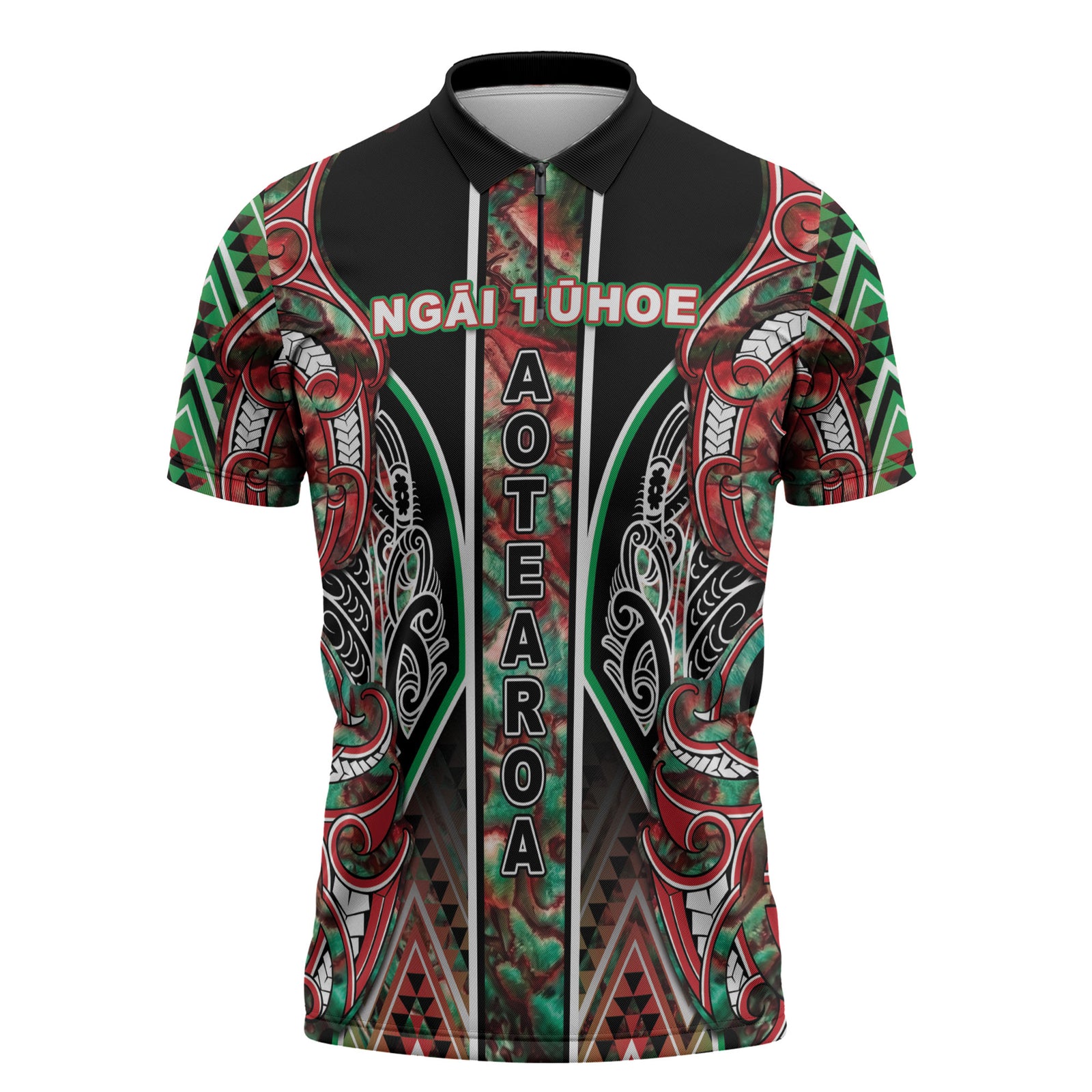 Aotearoa Ngai Tuhoe Zipper Polo Shirt Maori Tribal Red And Green Paua Shell Pattern