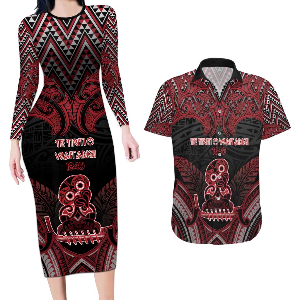 Personalised New Zealand Waitangi Day Couples Matching Long Sleeve Bodycon Dress and Hawaiian Shirt Te Tiriti O Waitangi 1840 DT05 Black - Polynesian Pride