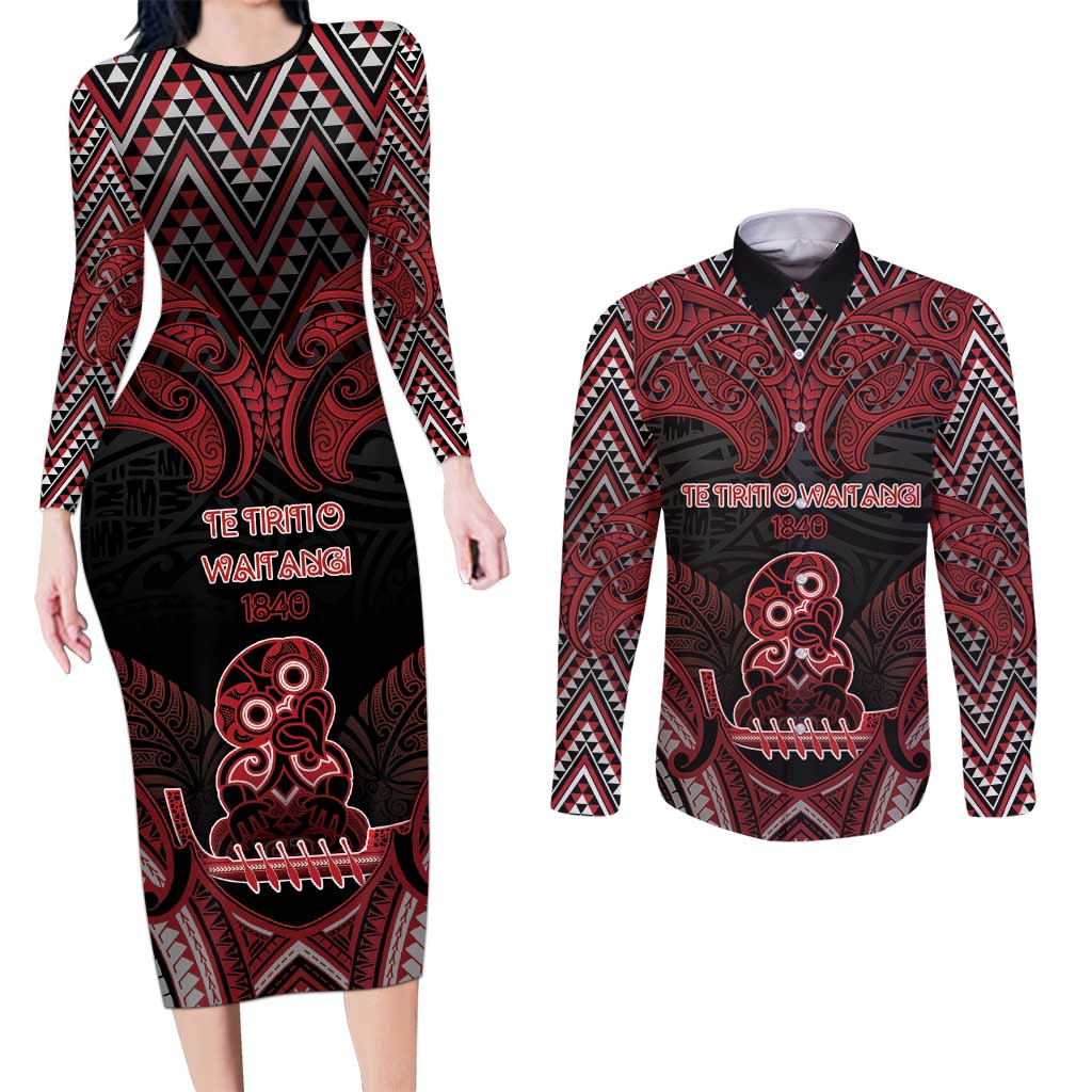 Personalised New Zealand Waitangi Day Couples Matching Long Sleeve Bodycon Dress and Long Sleeve Button Shirt Te Tiriti O Waitangi 1840 - Polynesian Pride