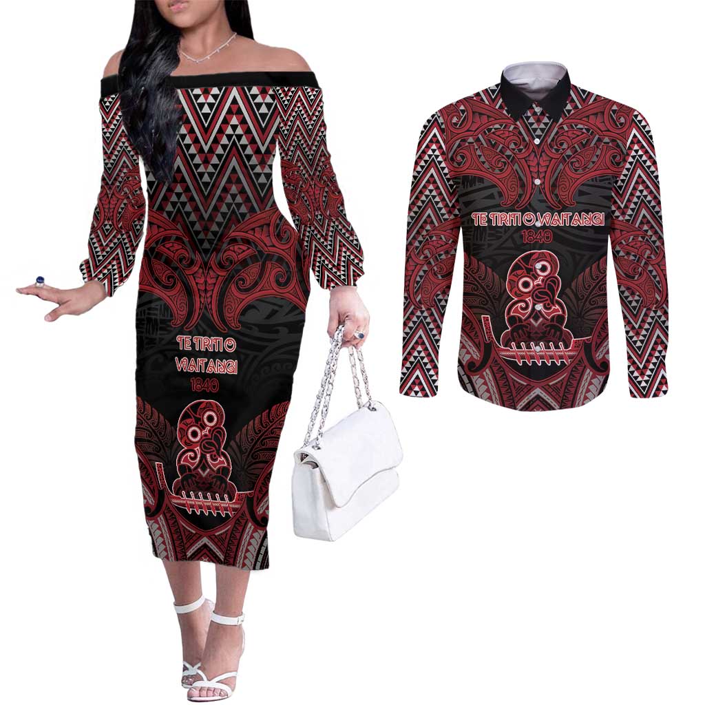 Personalised New Zealand Waitangi Day Couples Matching Off The Shoulder Long Sleeve Dress and Long Sleeve Button Shirt Te Tiriti O Waitangi 1840 - Polynesian Pride
