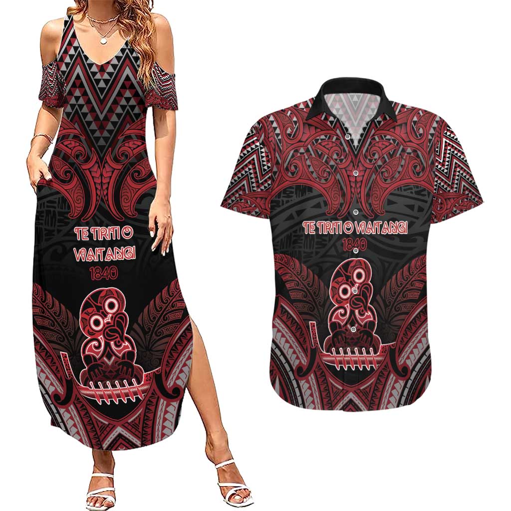Personalised New Zealand Waitangi Day Couples Matching Summer Maxi Dress and Hawaiian Shirt Te Tiriti O Waitangi 1840 DT05 Black - Polynesian Pride