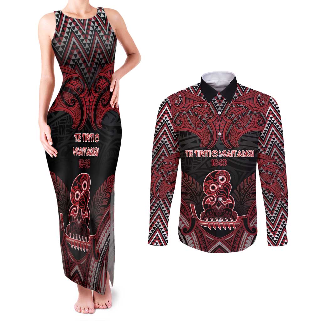 Personalised New Zealand Waitangi Day Couples Matching Tank Maxi Dress and Long Sleeve Button Shirt Te Tiriti O Waitangi 1840 DT05 Black - Polynesian Pride