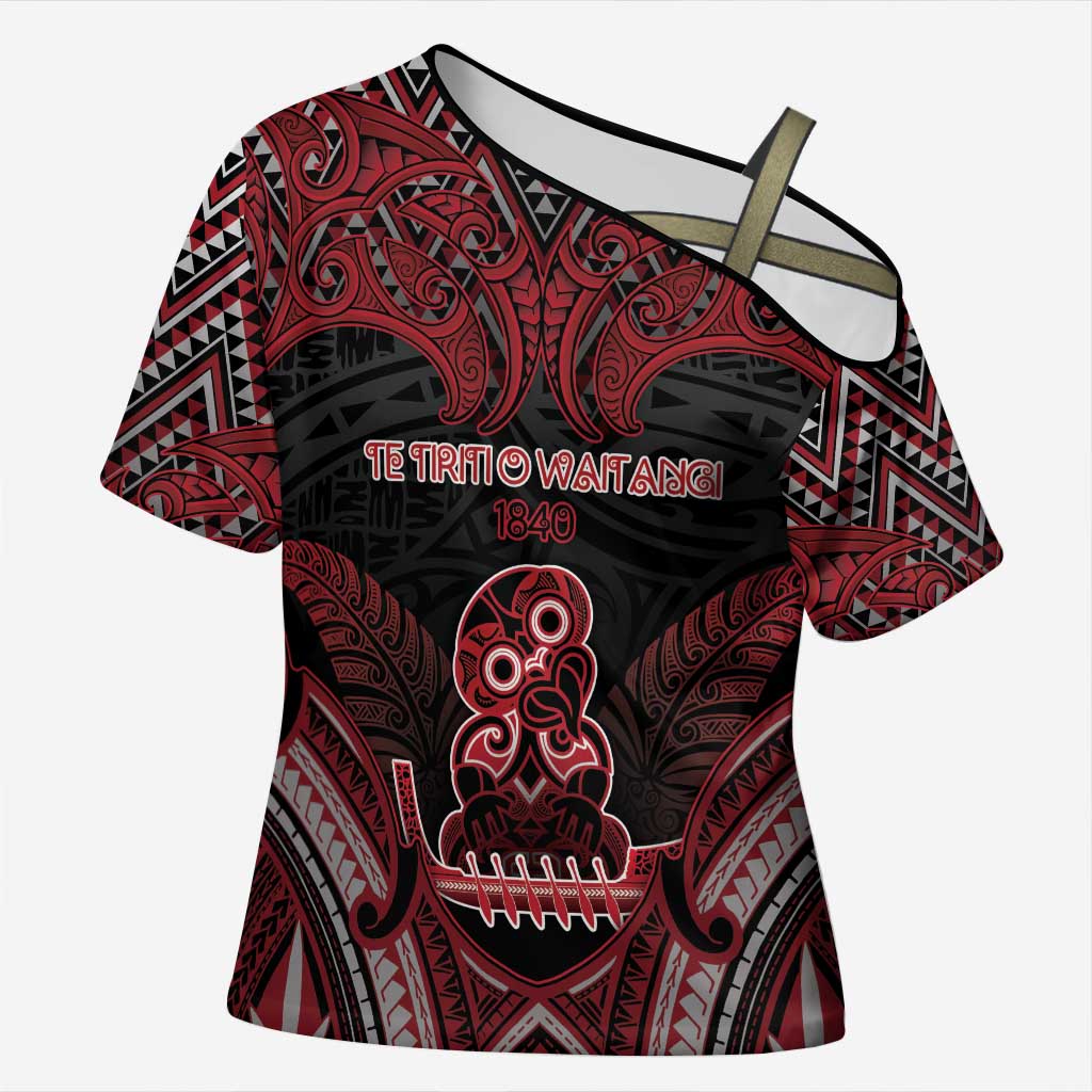 Personalised New Zealand Waitangi Day Cross Shoulder Shirt Te Tiriti O Waitangi 1840 DT05 Female Black - Polynesian Pride