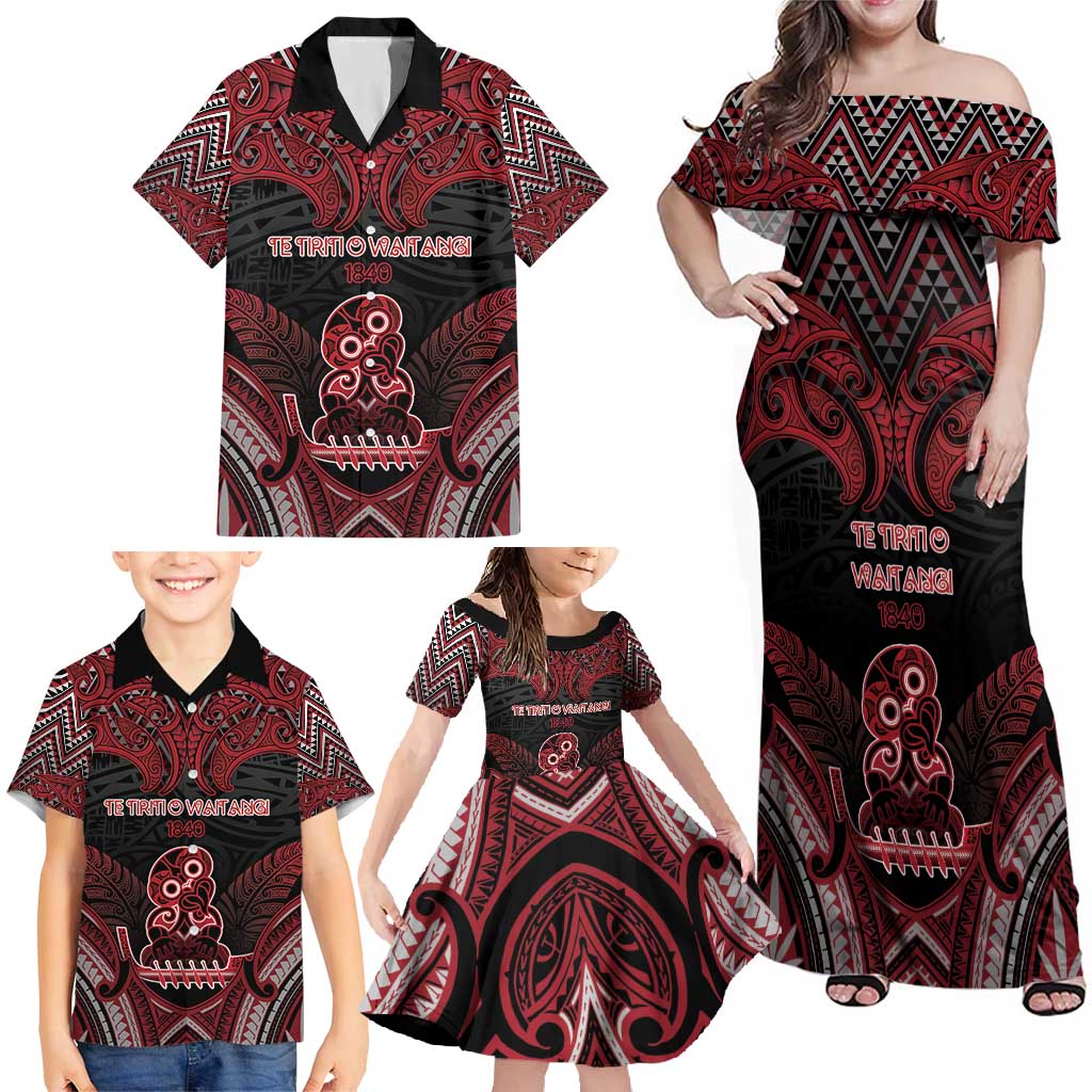 Personalised New Zealand Waitangi Day Family Matching Off Shoulder Maxi Dress and Hawaiian Shirt Te Tiriti O Waitangi 1840 - Polynesian Pride