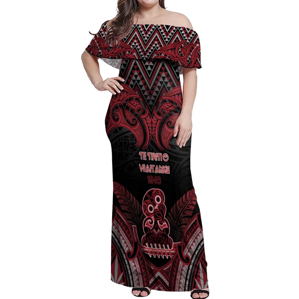 Personalised New Zealand Waitangi Day Off Shoulder Maxi Dress Te Tiriti O Waitangi 1840 DT05 Women Black - Polynesian Pride