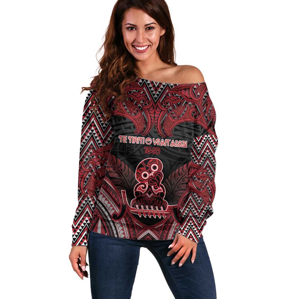 Personalised New Zealand Waitangi Day Off Shoulder Sweater Te Tiriti O Waitangi 1840 DT05 Women Black - Polynesian Pride