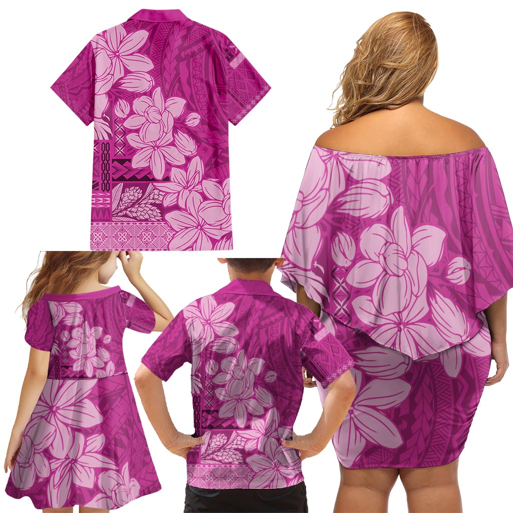 Samoa Women's Day Family Matching Off Shoulder Short Dress and Hawaiian Shirt Tiale Flower Mix Siapo Tapa - Fuchsia Ver LT7