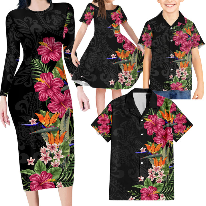 Hawaii Flowers Tribal Pattern Family Matching Long Sleeve Bodycon Dress and Hawaiian Shirt LT9 - Polynesian Pride