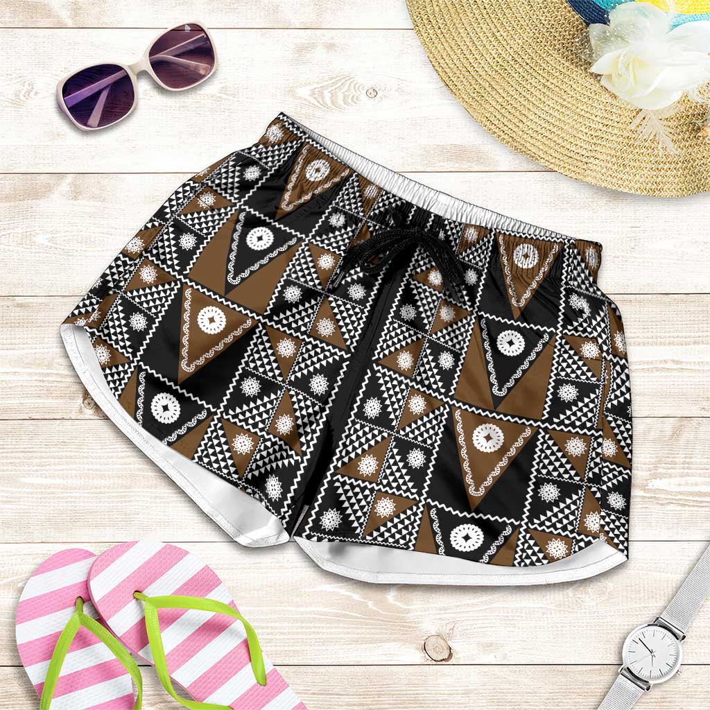 Fiji Brown Masi Pattern Shorts for Women Fijian Tapa LT01 Brown - Polynesian Pride
