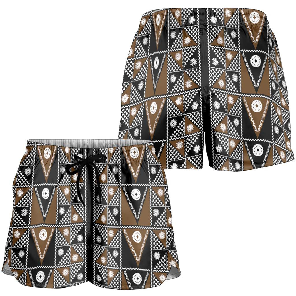 Fiji Brown Masi Pattern Shorts for Women Fijian Tapa LT01 - Polynesian Pride