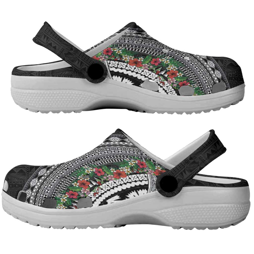 Fiji Hibiscus Clogs Shoes Tapa Masi Motifs with Tropical Plants LT03 - Polynesian Pride
