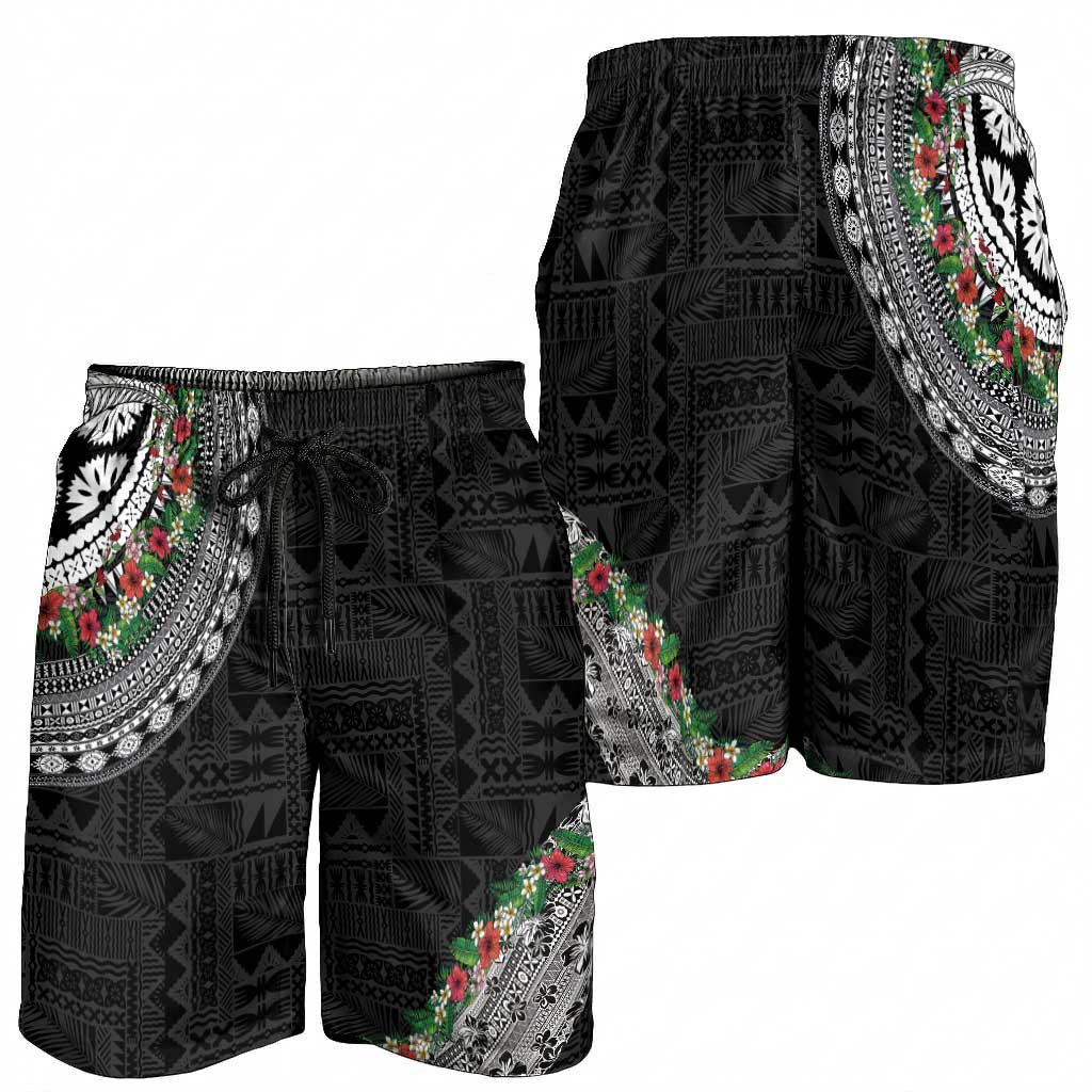 Fiji Hibiscus Shorts for Men Tapa Masi Motifs with Tropical Plants LT03 - Polynesian Pride