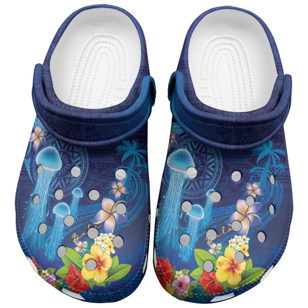 Fiji Jellyfish Clogs Shoes Tapa Patterns and Hibiscus Sea Vibe LT03 Blue - Polynesian Pride
