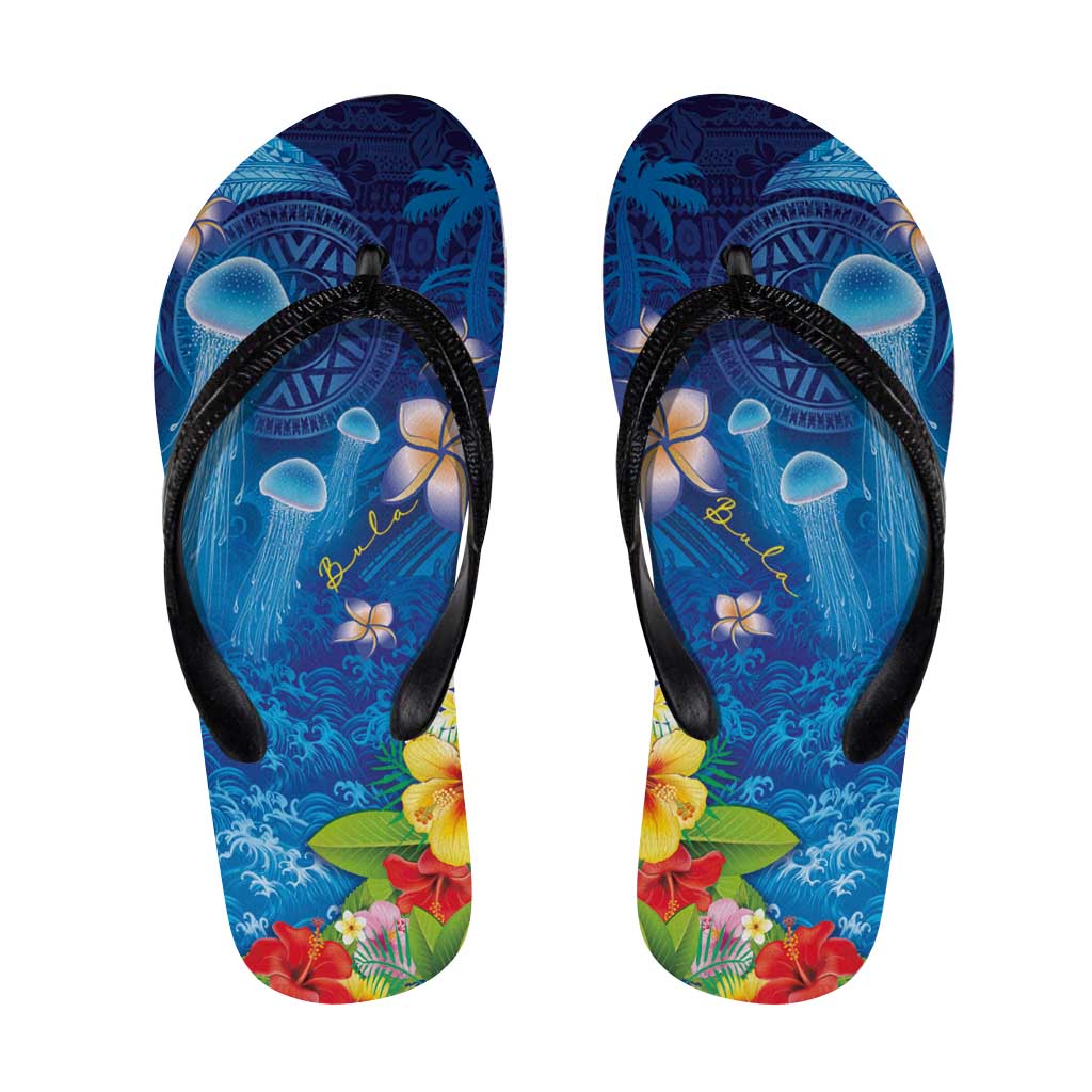 Fiji Jellyfish Flip Flops Tapa Patterns and Hibiscus Sea Vibe LT03 Blue - Polynesian Pride