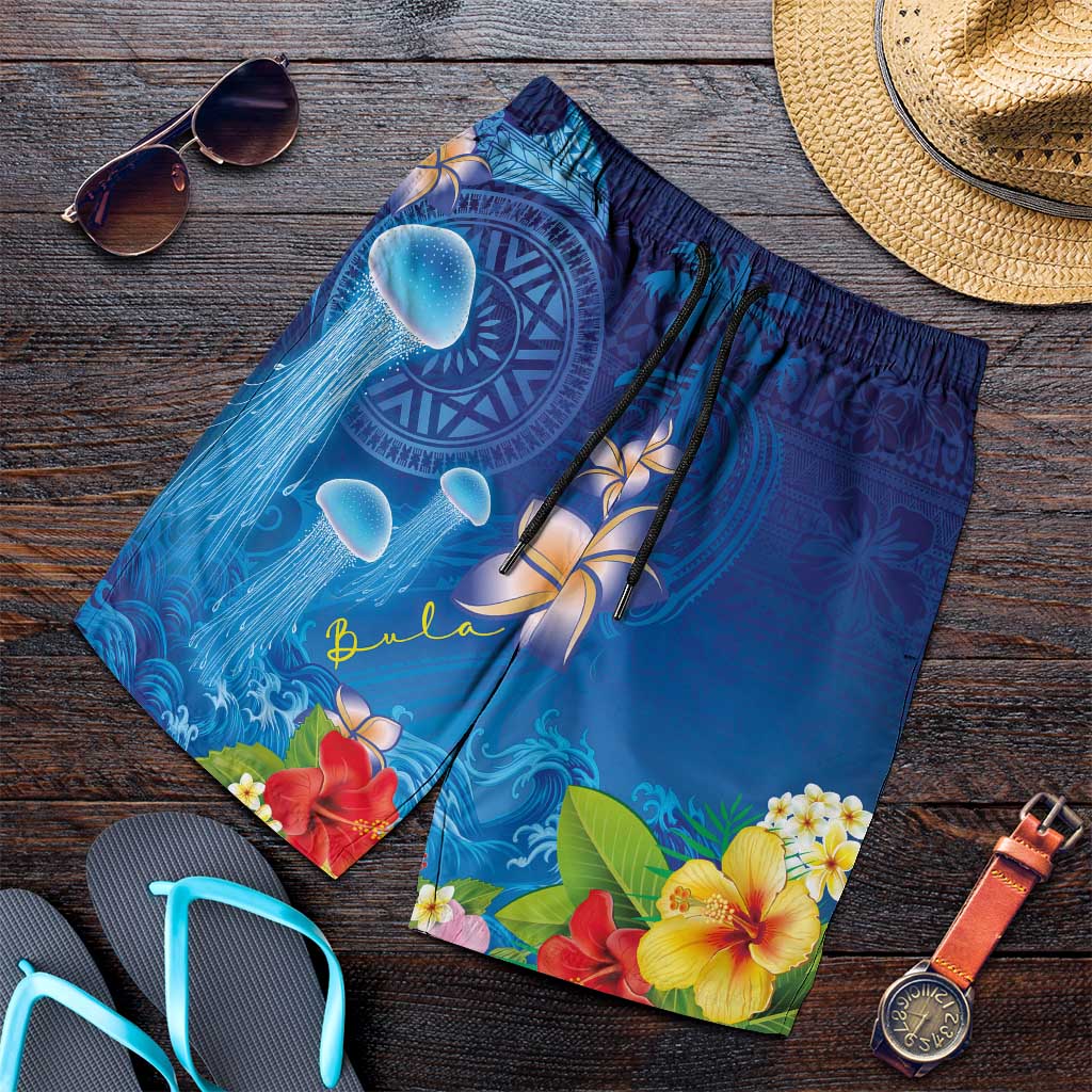 Fiji Jellyfish Shorts for Men Tapa Patterns and Hibiscus Sea Vibe LT03 Blue - Polynesian Pride
