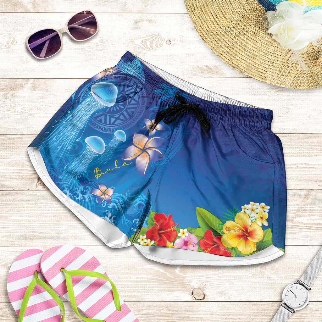 Fiji Jellyfish Shorts for Women Tapa Patterns and Hibiscus Sea Vibe LT03 Blue - Polynesian Pride