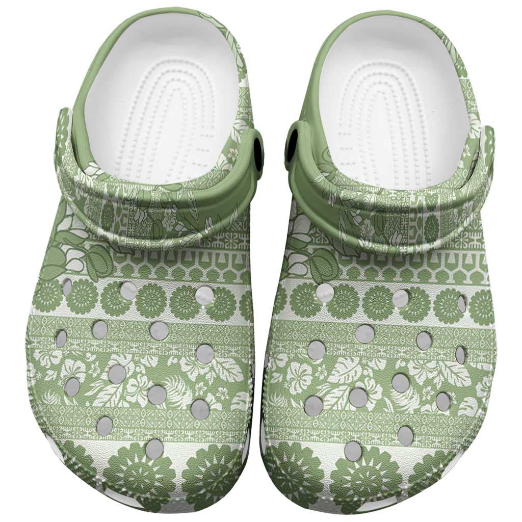 Fiji Marau na Kerisimasi Clogs Shoes Sage Green Tagimoucia Tapa Masi Tribal - Polynesian Pride