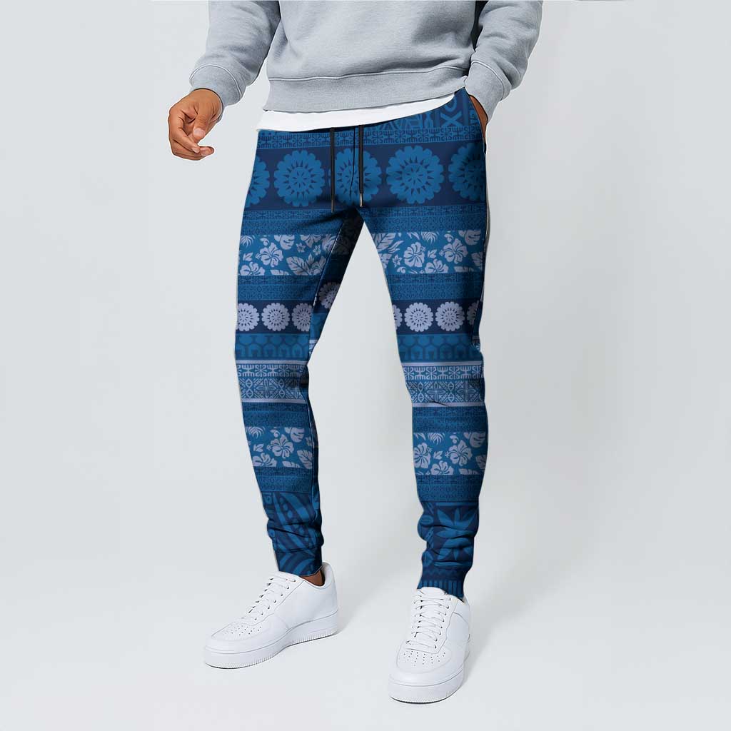 Fiji Marau na Kerisimasi Jogger Pants Blue Tapa Masi Inspired Christmas LT9 - Polynesian Pride