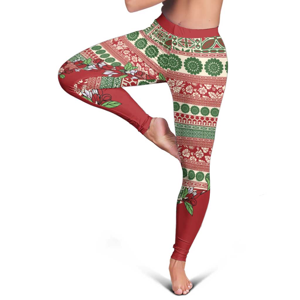 Fiji Marau na Kerisimasi Leggings Red Tagimoucia Tapa Masi Tribal LT9 - Polynesian Pride