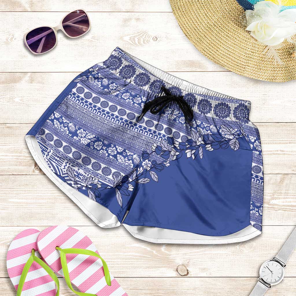 Fiji Marau na Kerisimasi Shorts for Women Blue Tagimoucia Tapa Masi Tribal LT9 Blue - Polynesian Pride