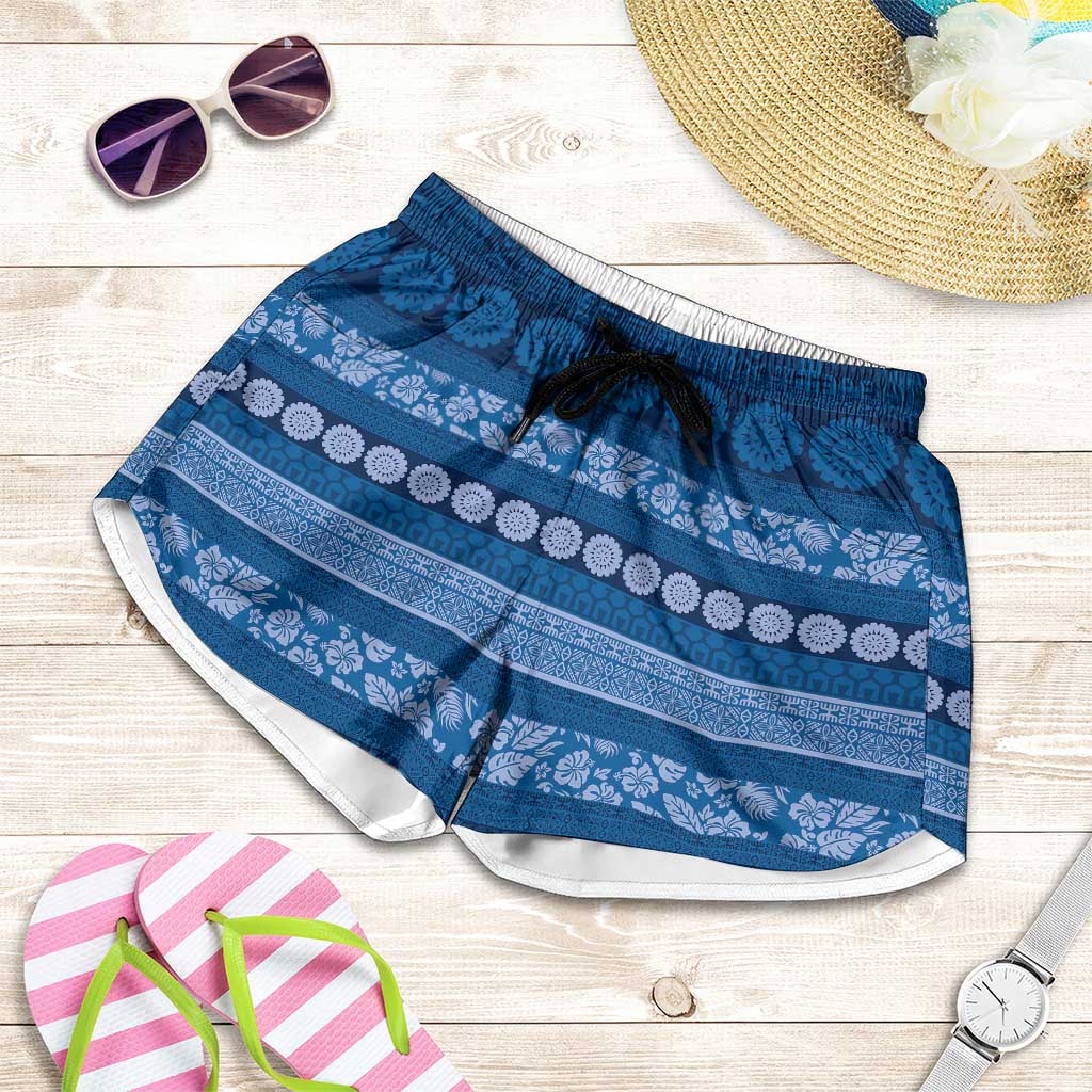 Fiji Marau na Kerisimasi Shorts for Women Blue Tapa Masi Inspired Christmas LT9 Blue - Polynesian Pride