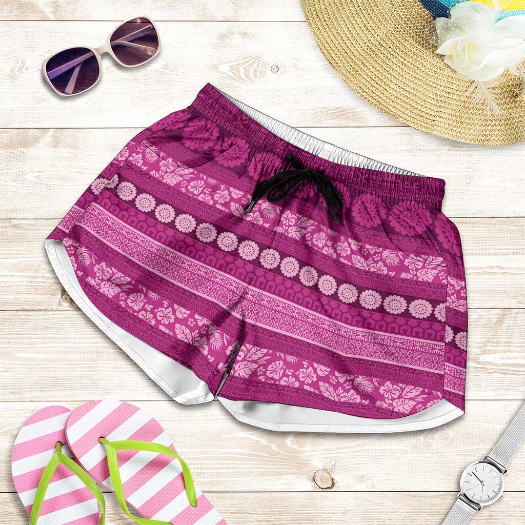 Fiji Marau na Kerisimasi Shorts for Women Pink Tapa Masi Inspired Christmas LT9 Pink - Polynesian Pride