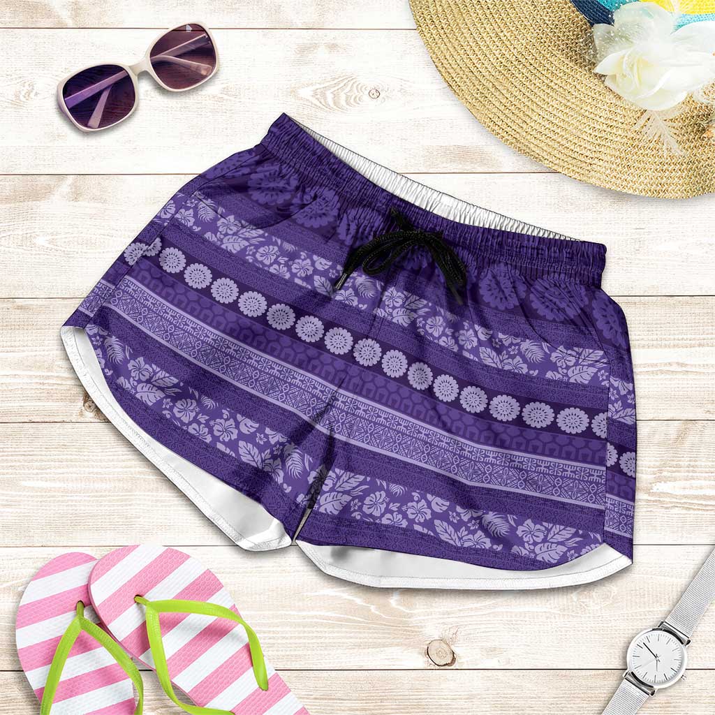 Fiji Marau na Kerisimasi Shorts for Women Purple Tapa Masi Inspired Christmas LT9 Purple - Polynesian Pride