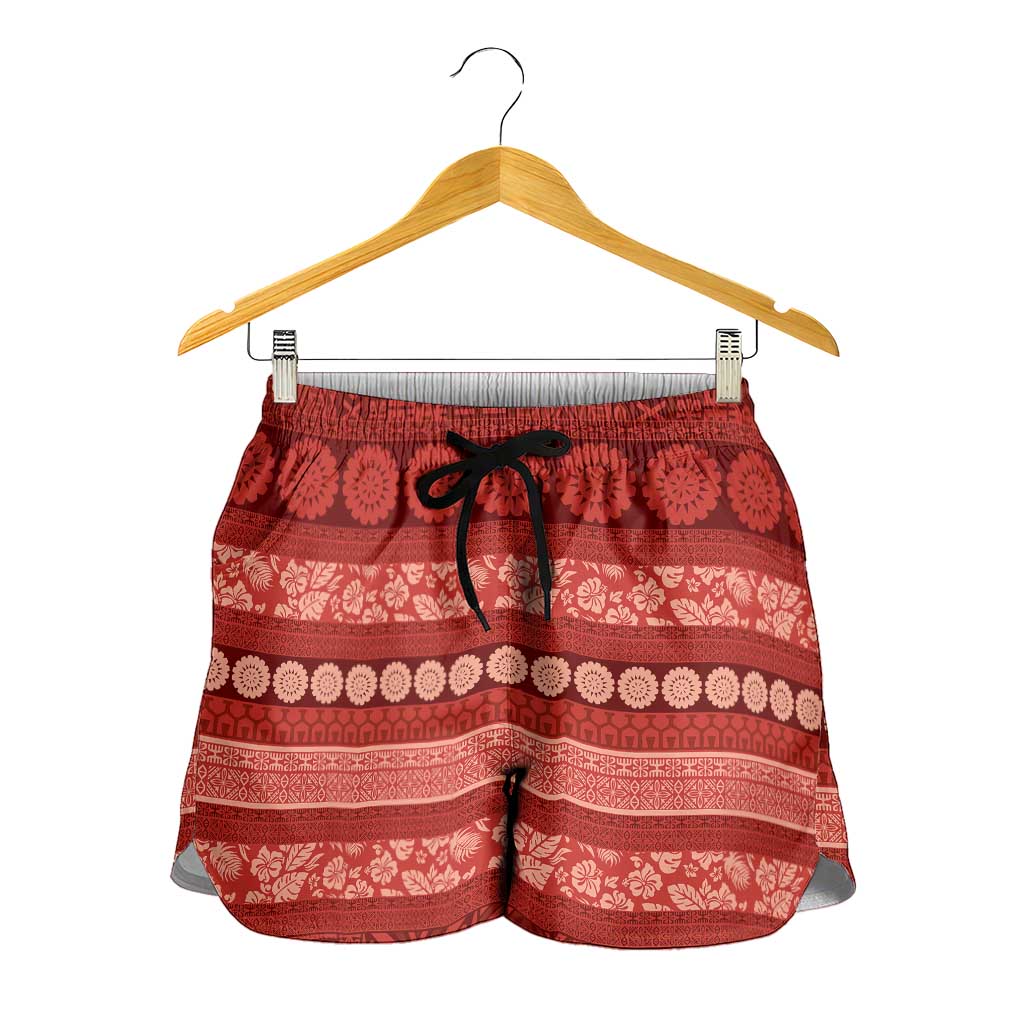 Fiji Marau na Kerisimasi Shorts for Women Red Tapa Masi Inspired Christmas - Polynesian Pride
