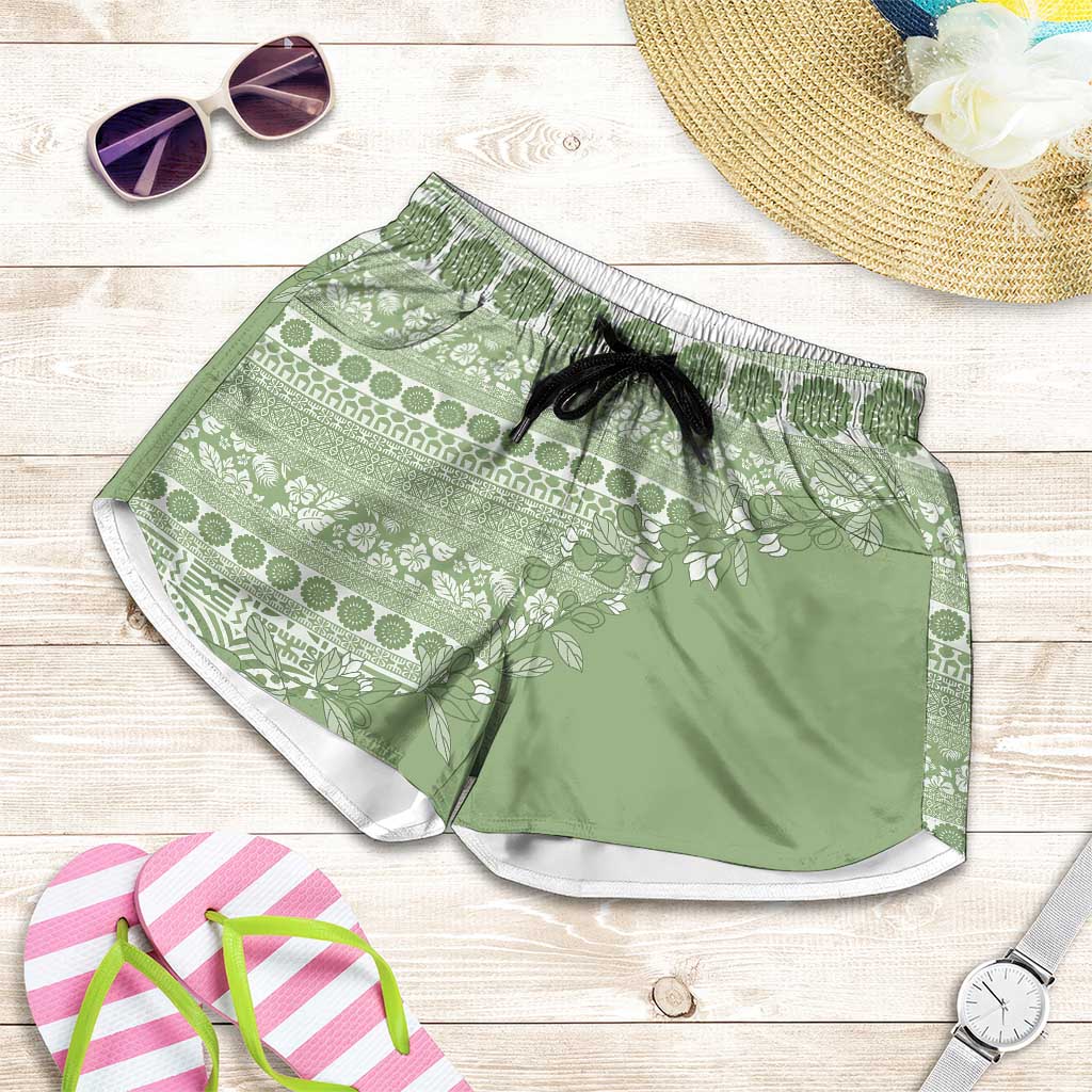 Fiji Marau na Kerisimasi Shorts for Women Sage Green Tagimoucia Tapa Masi Tribal LT9 Green - Polynesian Pride