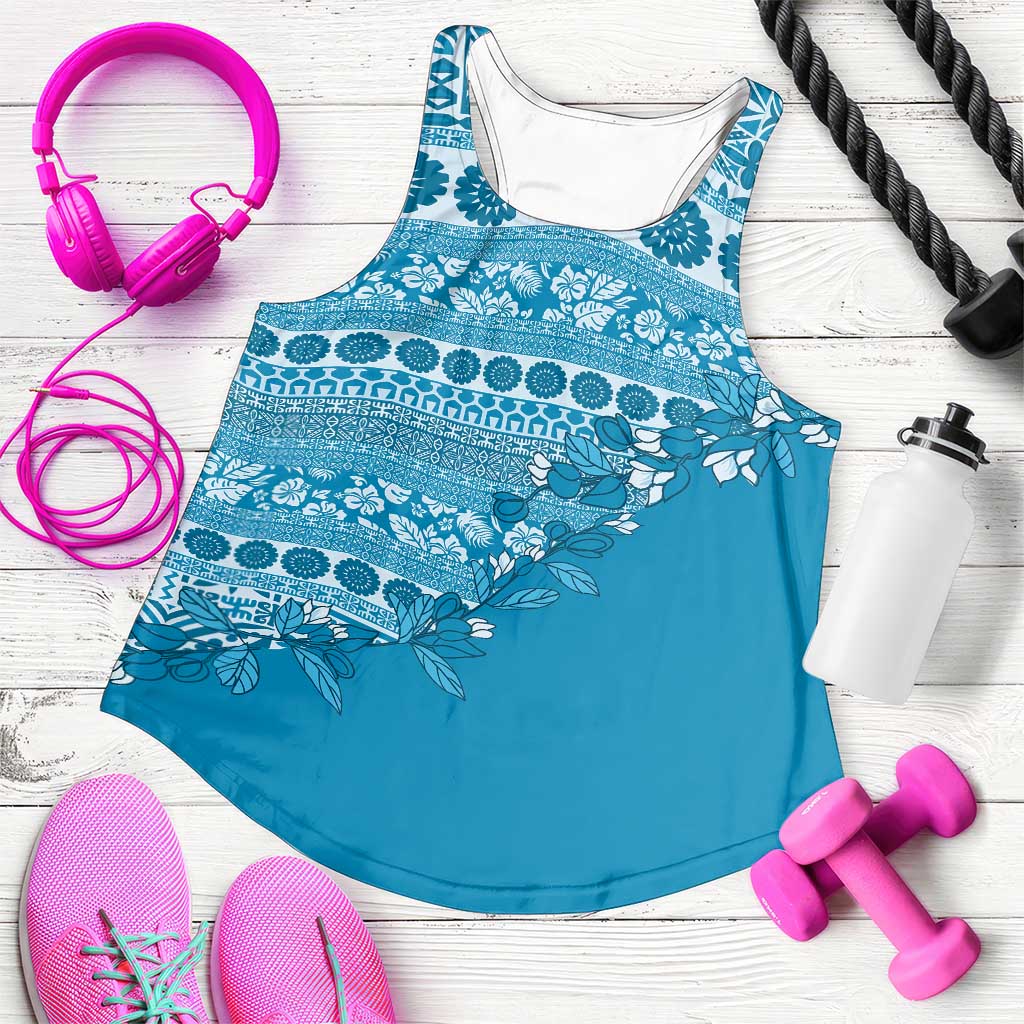 Fiji Marau na Kerisimasi Women Racerback Tank Aqua Tagimoucia Tapa Masi Tribal - Polynesian Pride
