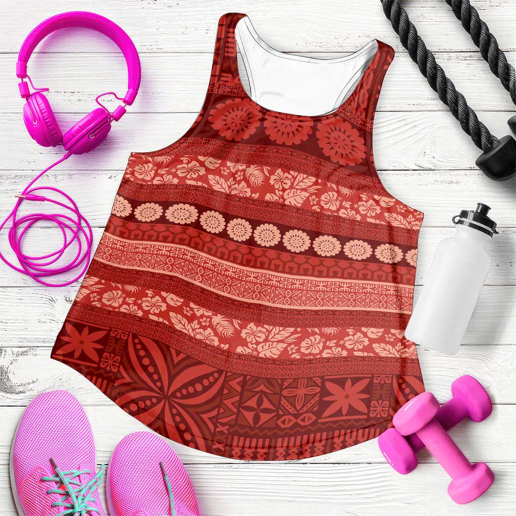 Fiji Marau na Kerisimasi Women Racerback Tank Red Tapa Masi Inspired Christmas LT9 Red - Polynesian Pride