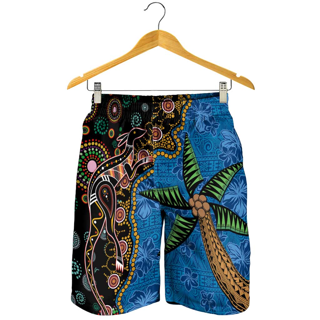 Fijian and Australian Culture Together Shorts for Men Aboriginal Art and Tapa Motifs with Kangaroo and Palm Tree - Polynesian Pride