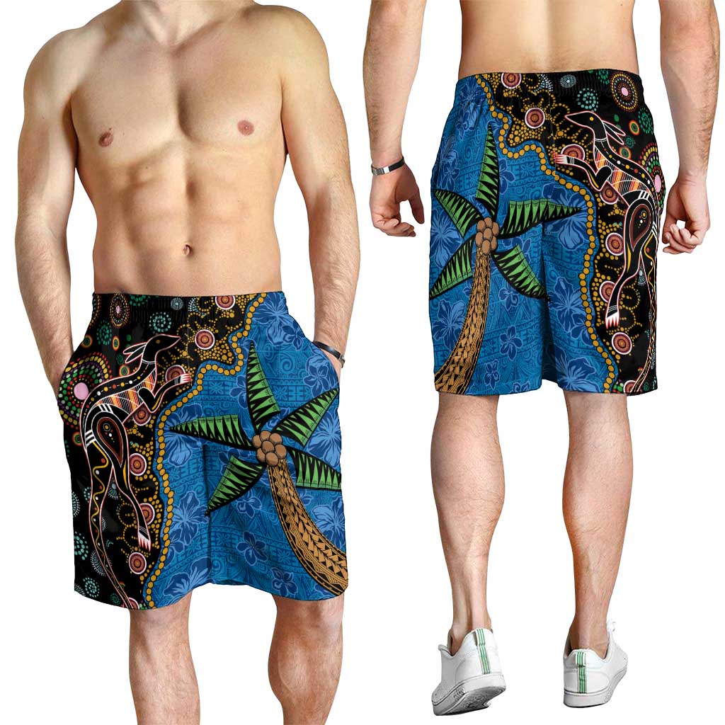 Fijian and Australian Culture Together Shorts for Men Aboriginal Art and Tapa Motifs with Kangaroo and Palm Tree - Polynesian Pride