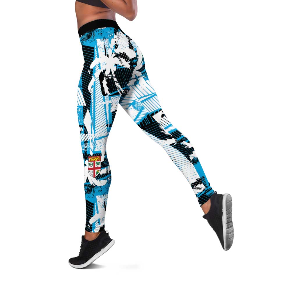 Fijian Rugby Leggings Grunge Palm Stylized LT01 Blue - Polynesian Pride