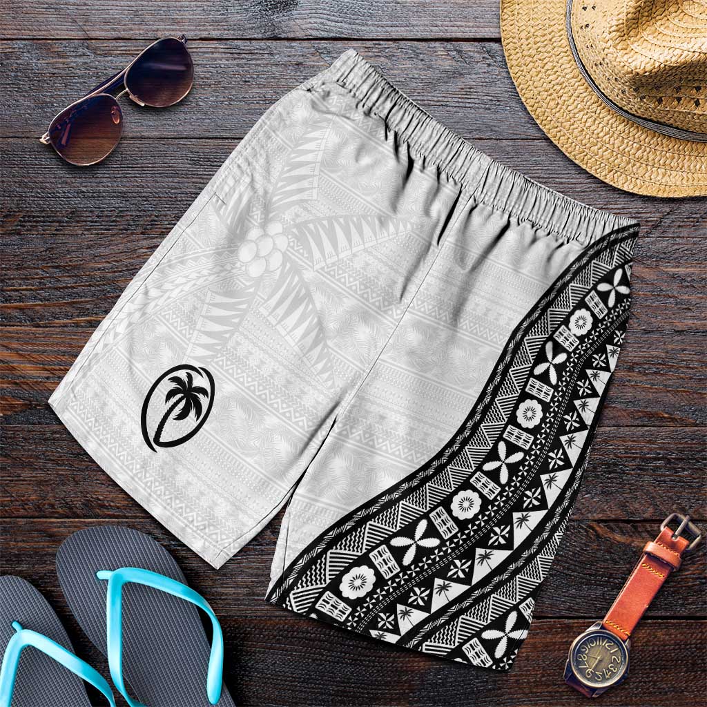 Fijian Rugby Shorts for Men Tapa Pattern and Palm Tree Tribal LT03 White - Polynesian Pride