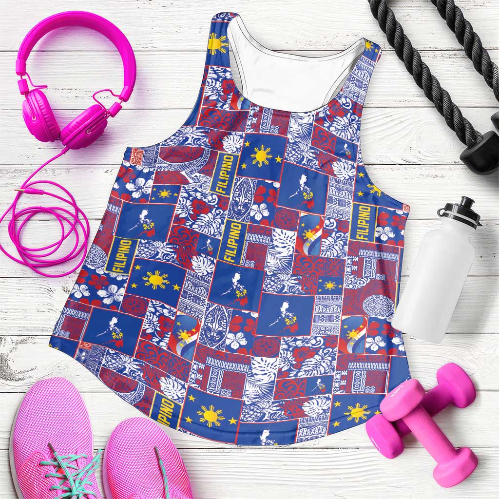 Filipino Maligayang Pasko Women Racerback Tank Pacific Patchwork Xmas Vibes LT9 Blue - Polynesian Pride
