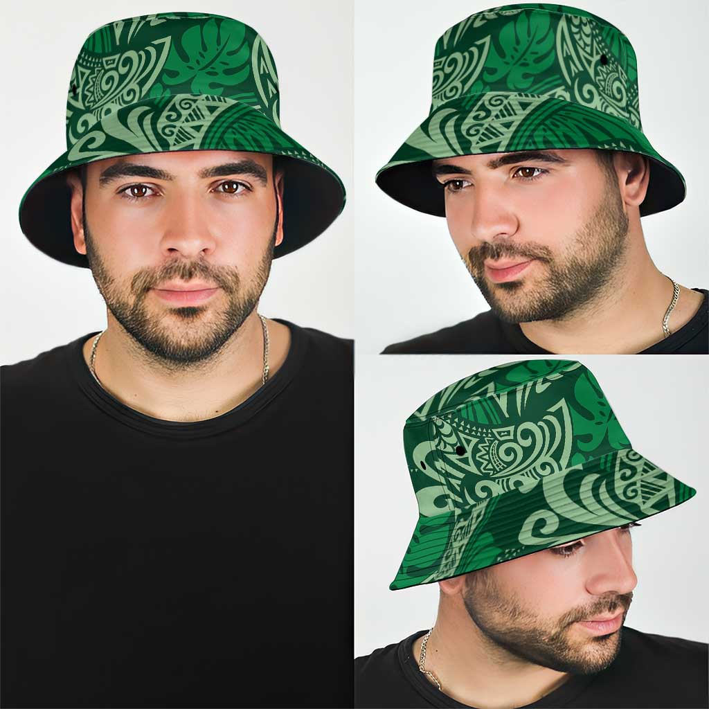 Forest Green Monstera Bucket Hat Polynesian Tribal Pattern - Polynesian Pride