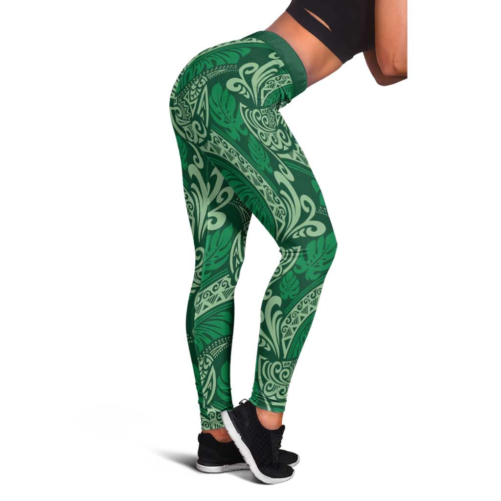 Forest Green Monstera Leggings Polynesian Tribal Pattern - Polynesian Pride