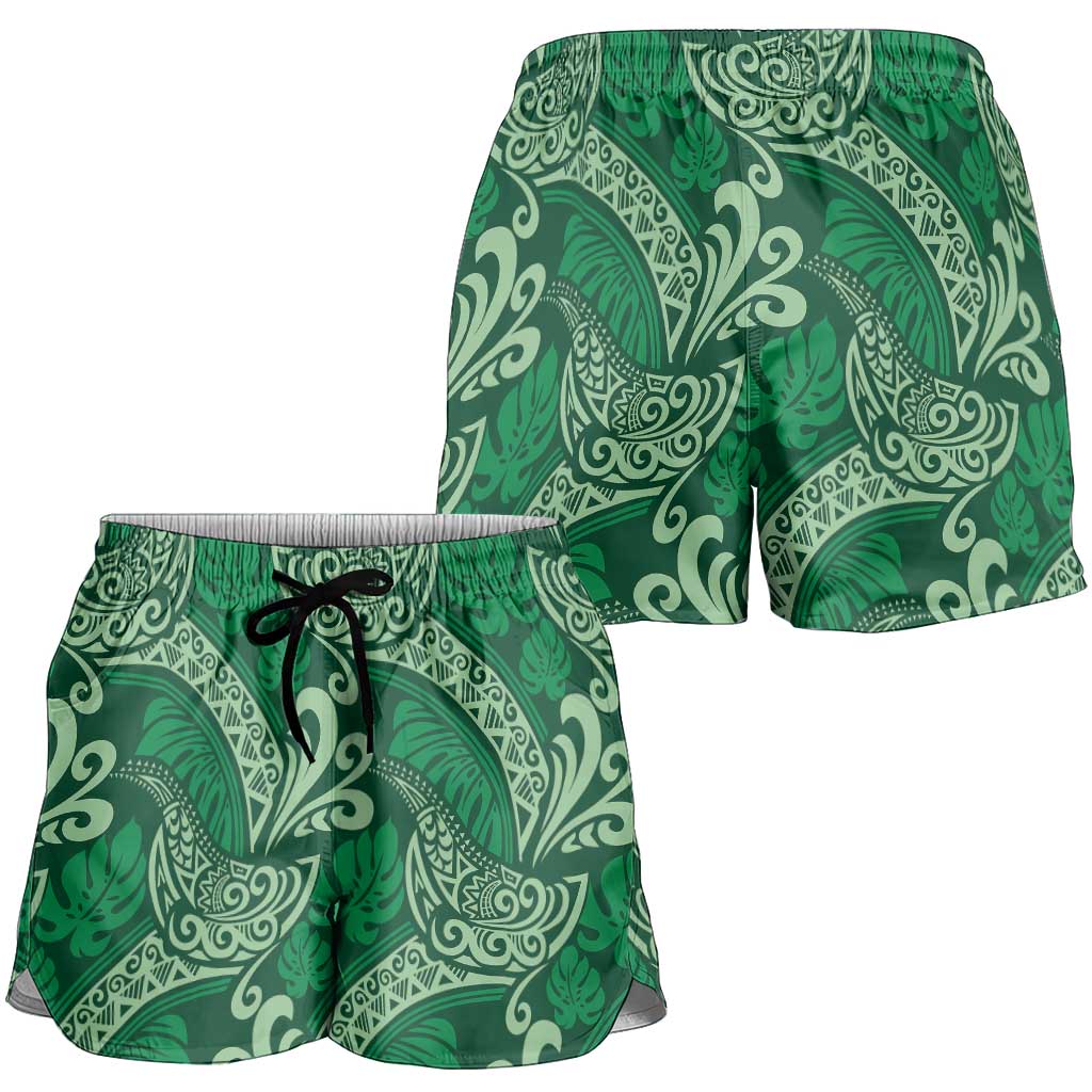 Forest Green Monstera Shorts for Women Polynesian Tribal Pattern LT01 - Polynesian Pride
