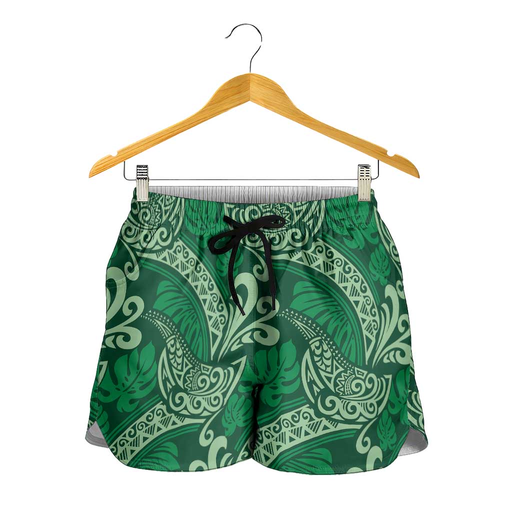 Forest Green Monstera Shorts for Women Polynesian Tribal Pattern LT01 - Polynesian Pride