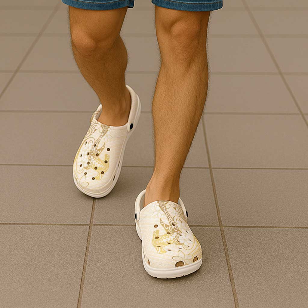 Gold and White Hawaii Clogs Shoes Hammerhead Shark Tattoo Curve Polynesian - Polynesian Pride