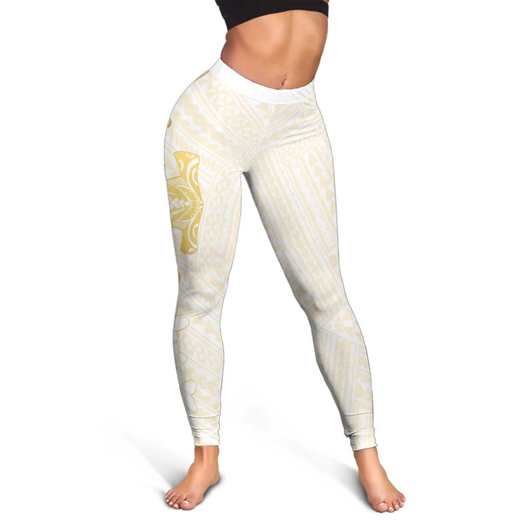 Gold and White Hawaii Leggings Hammerhead Shark Tattoo Curve Polynesian - Polynesian Pride