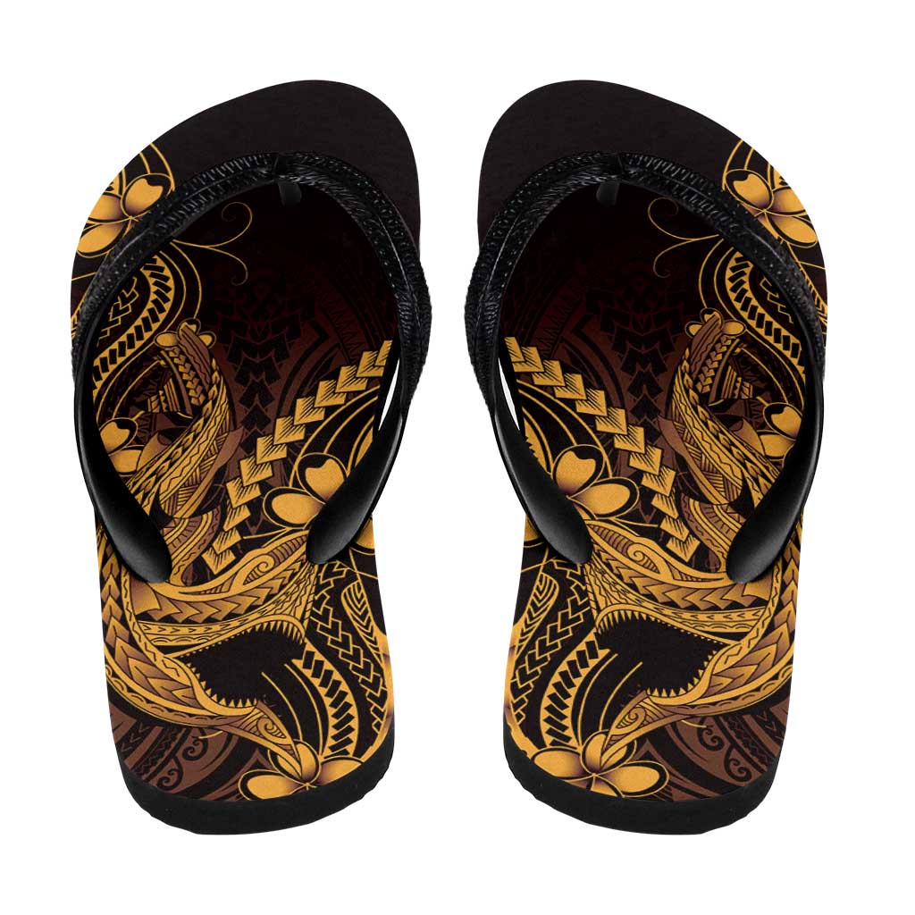 Gold Black Aloha Hawaii Flip Flops Polynesian Shark Tattoo With Plumeria - Polynesian Pride