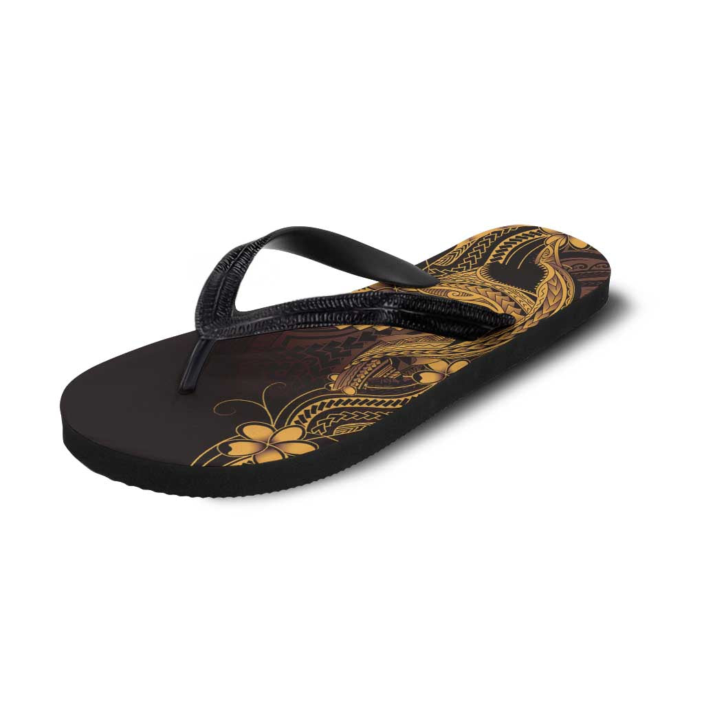 Gold Black Aloha Hawaii Flip Flops Polynesian Shark Tattoo With Plumeria - Polynesian Pride